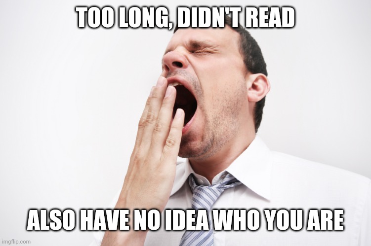 yawn | TOO LONG, DIDN'T READ ALSO HAVE NO IDEA WHO YOU ARE | image tagged in yawn | made w/ Imgflip meme maker