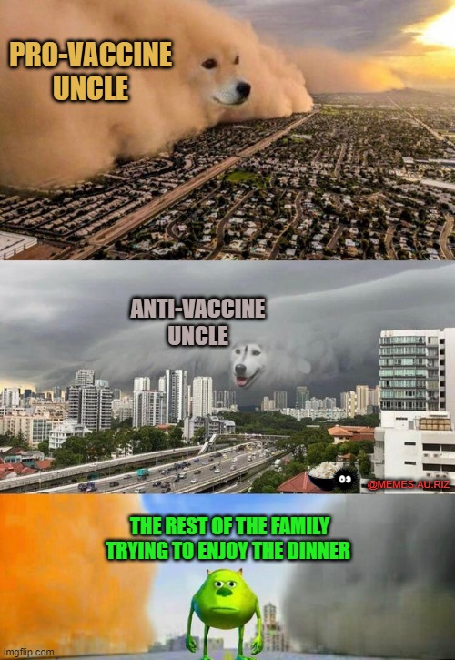 Just another peaceful family dinner during pandemic | PRO-VACCINE UNCLE; ANTI-VACCINE UNCLE; @MEMES.AU.RIZ; THE REST OF THE FAMILY TRYING TO ENJOY THE DINNER | image tagged in sandstorm tsunami mike,funny memes,vaccine,covid19,pandemic,argument | made w/ Imgflip meme maker