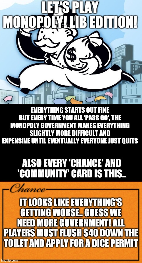 LET'S PLAY MONOPOLY! LIB EDITION! EVERYTHING STARTS OUT FINE BUT EVERY TIME YOU ALL 'PASS GO', THE MONOPOLY GOVERNMENT MAKES EVERYTHING SLIGHTLY MORE DIFFICULT AND EXPENSIVE UNTIL EVENTUALLY EVERYONE JUST QUITS; ALSO EVERY 'CHANCE' AND 'COMMUNITY' CARD IS THIS.. IT LOOKS LIKE EVERYTHING'S GETTING WORSE.. GUESS WE NEED MORE GOVERNMENT! ALL PLAYERS MUST FLUSH $40 DOWN THE TOILET AND APPLY FOR A DICE PERMIT | image tagged in monopoly man,monopoly card | made w/ Imgflip meme maker