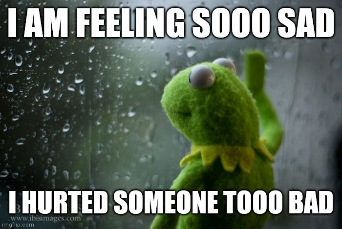 *sigh* | I AM FEELING SOOO SAD; I HURTED SOMEONE TOOO BAD | image tagged in kermit window | made w/ Imgflip meme maker