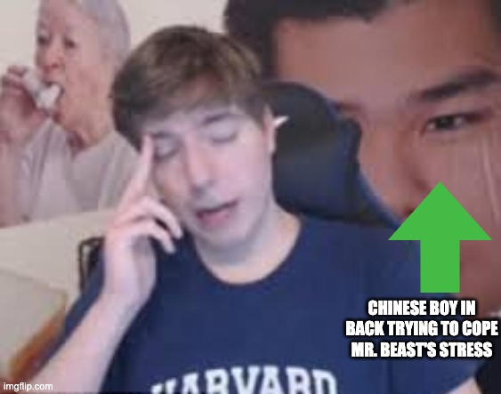 Mr. Beast is sad | CHINESE BOY IN BACK TRYING TO COPE MR. BEAST'S STRESS | image tagged in mr beast | made w/ Imgflip meme maker