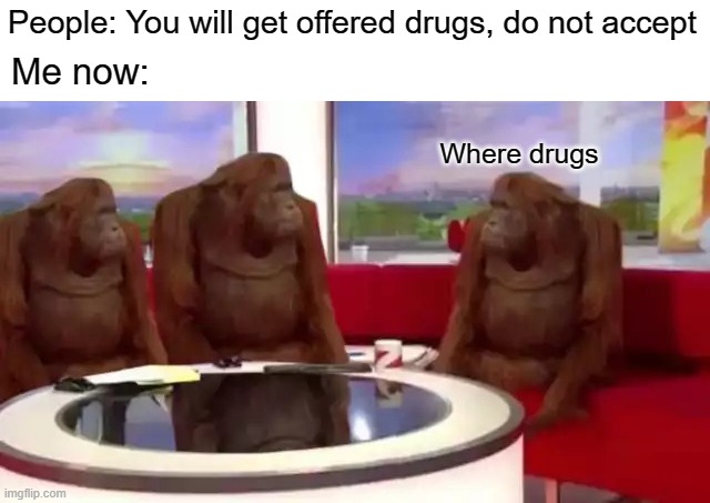 Where Banana (blank) | People: You will get offered drugs, do not accept; Me now:; Where drugs | image tagged in where banana blank | made w/ Imgflip meme maker