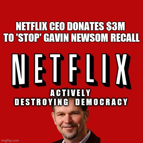 No-good Netflix | NETFLIX CEO DONATES $3M 
TO 'STOP' GAVIN NEWSOM RECALL; A C T I V E L Y  
D E S T R O Y I N G     D E M O C R A C Y | image tagged in goddam you netflix,memes,scumbag netflix,governor,recall,political meme | made w/ Imgflip meme maker