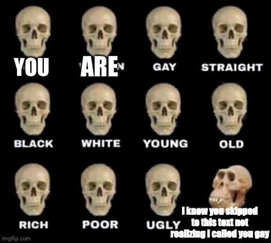 man woman gay straight skull | ARE; YOU; I know you skipped to this text not realizing i called you gay | image tagged in man woman gay straight skull,shitpost | made w/ Imgflip meme maker