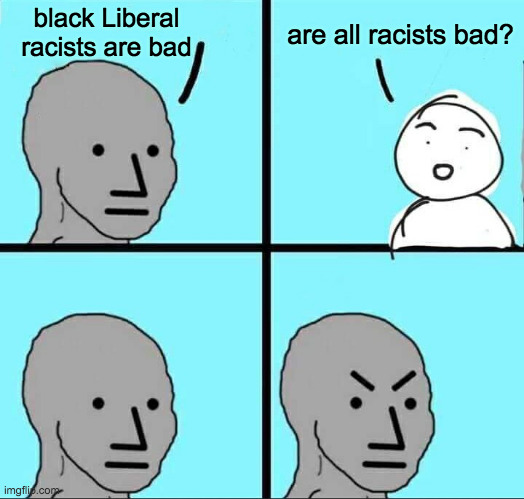 NPC Meme | black Liberal racists are bad are all racists bad? | image tagged in npc meme | made w/ Imgflip meme maker