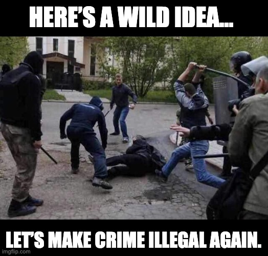 We need law and order | HERE’S A WILD IDEA... LET’S MAKE CRIME ILLEGAL AGAIN. | image tagged in beat up | made w/ Imgflip meme maker