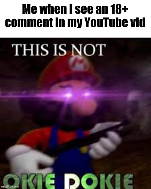 THIS IS NOT OKIE DOKIE! |  Me when I see an 18+ comment in my YouTube vid | image tagged in this is not okie dokie,youtube | made w/ Imgflip meme maker