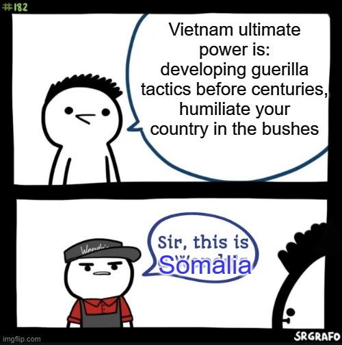 This was a reply to someone on my countryball comic | Vietnam ultimate power is: developing guerilla tactics before centuries, humiliate your country in the bushes; Somalia | image tagged in sir this is a wendys,countryballs | made w/ Imgflip meme maker
