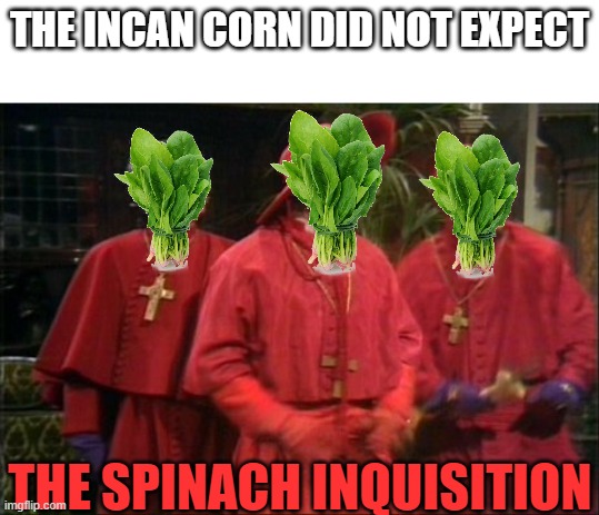 Corny joke | THE INCAN CORN DID NOT EXPECT; THE SPINACH INQUISITION | image tagged in nobody expects the spanish inquisition | made w/ Imgflip meme maker