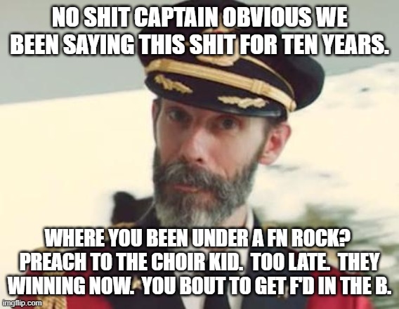 Captain Obvious | NO SHIT CAPTAIN OBVIOUS WE BEEN SAYING THIS SHIT FOR TEN YEARS. WHERE YOU BEEN UNDER A FN ROCK?  PREACH TO THE CHOIR KID.  TOO LATE.  THEY W | image tagged in captain obvious | made w/ Imgflip meme maker