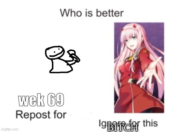 Repost for ignore for zero two | wek 69; BITCH | image tagged in repost for ignore for zero two | made w/ Imgflip meme maker