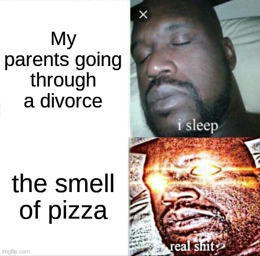 Sleeping Shaq Meme |  My parents going through a divorce; the smell of pizza | image tagged in memes,sleeping shaq | made w/ Imgflip meme maker