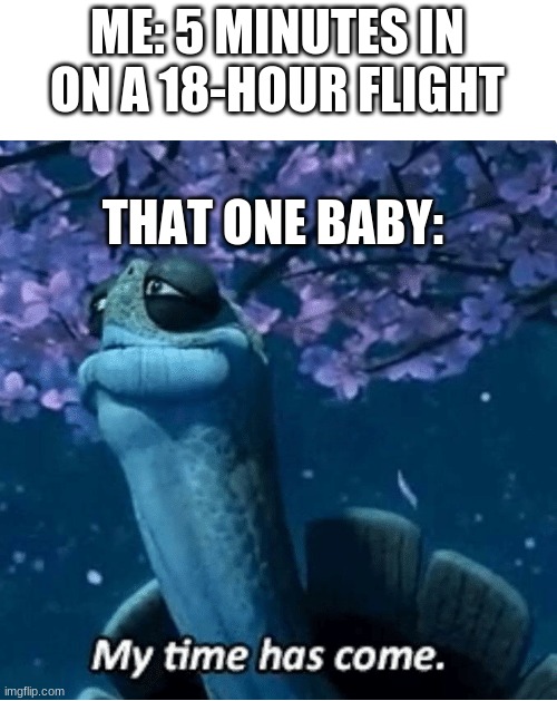 My Time Has Come |  ME: 5 MINUTES IN ON AN 18-HOUR FLIGHT; THAT ONE BABY: | image tagged in my time has come | made w/ Imgflip meme maker