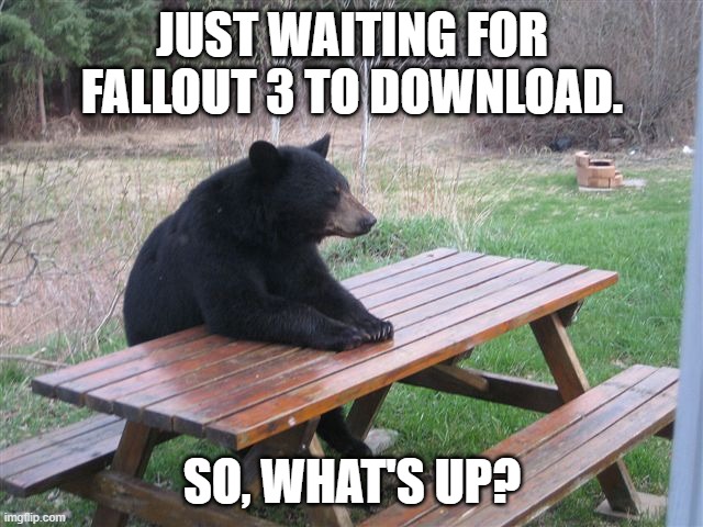 I'm bored, wanna talk? | JUST WAITING FOR FALLOUT 3 TO DOWNLOAD. SO, WHAT'S UP? | image tagged in bear table,bored,fallout 3,fallout,games,waiting | made w/ Imgflip meme maker