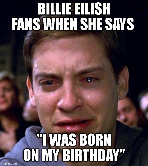 Meme | BILLIE EILISH FANS WHEN SHE SAYS; "I WAS BORN ON MY BIRTHDAY" | image tagged in crying peter parker | made w/ Imgflip meme maker