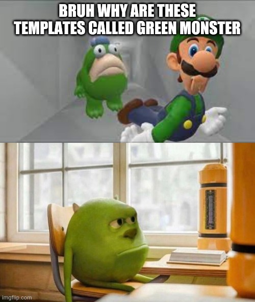 BRUH WHY ARE THESE TEMPLATES CALLED GREEN MONSTER | image tagged in green monster sadness,sad green monster | made w/ Imgflip meme maker