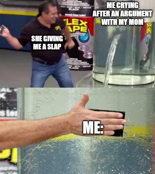 Flex Tape | ME CRYING AFTER AN ARGUMENT WITH MY MOM; SHE GIVING ME A SLAP; ME: | image tagged in flex tape | made w/ Imgflip meme maker