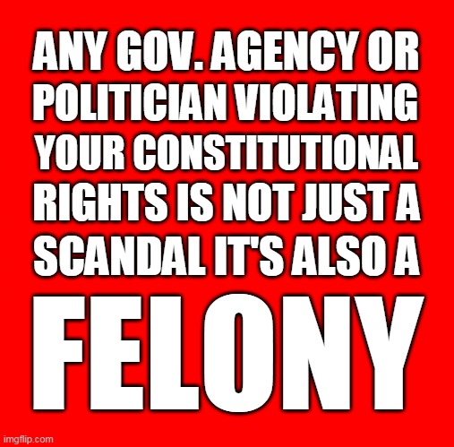 RED SQUARE TEXT UP | ANY GOV. AGENCY OR; POLITICIAN VIOLATING; YOUR CONSTITUTIONAL; RIGHTS IS NOT JUST A; SCANDAL IT'S ALSO A; FELONY | image tagged in red squsre,rights,felony | made w/ Imgflip meme maker
