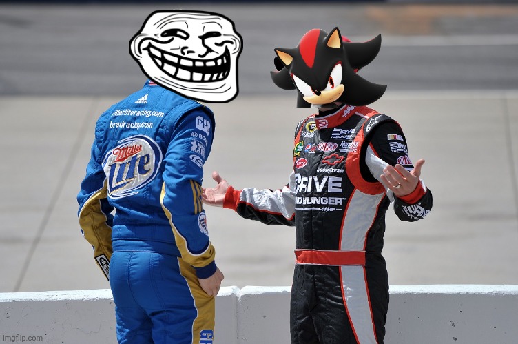 Troll and Shadow have a talk after their incident in the Daytona 500. | image tagged in nmcs,brad keselowski,jeff gordon,troll,shadow the hedgehog,oh wow are you actually reading these tags | made w/ Imgflip meme maker