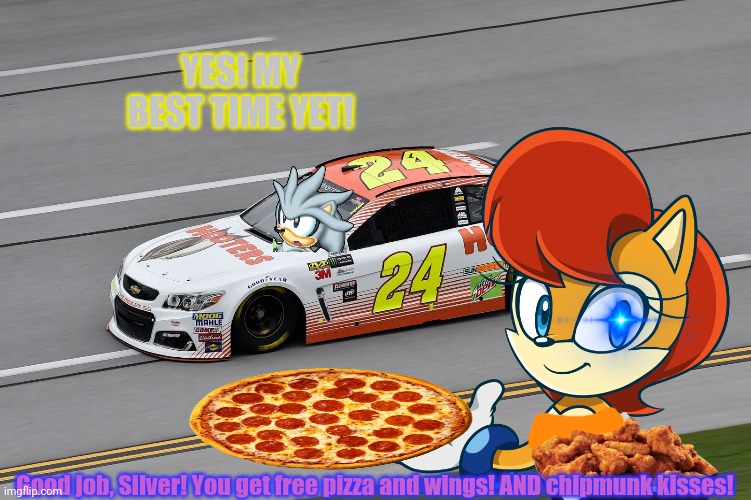 Silver the Hedgehog: Nascar extrodinare! | YES! MY BEST TIME YET! Good job, Silver! You get free pizza and wings! AND chipmunk kisses! | image tagged in silver,hedgehog,sonic the hedgehog,nascar,open-wheel racing,sports | made w/ Imgflip meme maker