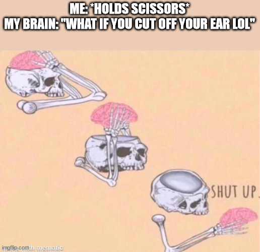 shutup | ME: *HOLDS SCISSORS*
MY BRAIN: "WHAT IF YOU CUT OFF YOUR EAR LOL" | image tagged in skeleton shut up brain | made w/ Imgflip meme maker