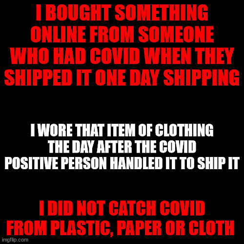 Blank | I BOUGHT SOMETHING ONLINE FROM SOMEONE WHO HAD COVID WHEN THEY SHIPPED IT ONE DAY SHIPPING; I WORE THAT ITEM OF CLOTHING THE DAY AFTER THE COVID POSITIVE PERSON HANDLED IT TO SHIP IT; I DID NOT CATCH COVID FROM PLASTIC, PAPER OR CLOTH | image tagged in blank | made w/ Imgflip meme maker