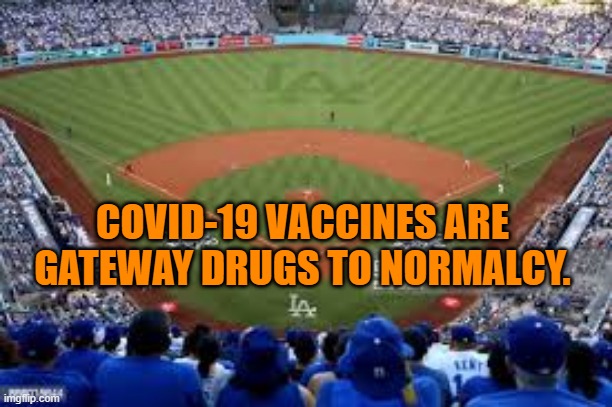 Play Ball. | COVID-19 VACCINES ARE GATEWAY DRUGS TO NORMALCY. | image tagged in politics | made w/ Imgflip meme maker