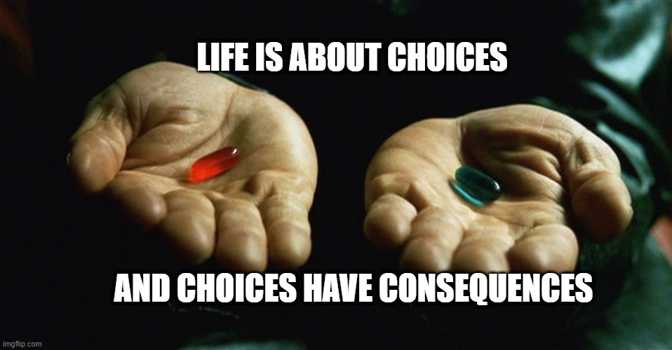 Red pill blue pill | LIFE IS ABOUT CHOICES; AND CHOICES HAVE CONSEQUENCES | image tagged in red pill blue pill | made w/ Imgflip meme maker