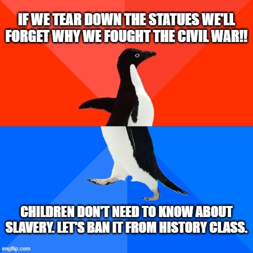 more gop nonsense | IF WE TEAR DOWN THE STATUES WE'LL FORGET WHY WE FOUGHT THE CIVIL WAR!! CHILDREN DON'T NEED TO KNOW ABOUT SLAVERY. LET'S BAN IT FROM HISTORY CLASS. | image tagged in memes,socially awesome awkward penguin | made w/ Imgflip meme maker