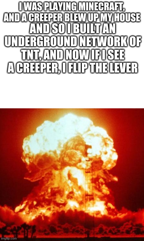KILL  ALL THE CREEPERS | I WAS PLAYING MINECRAFT, AND A CREEPER BLEW UP MY HOUSE; AND SO I BUILT AN UNDERGROUND NETWORK OF TNT, AND NOW IF I SEE A CREEPER, I FLIP THE LEVER | image tagged in blank white template,nuke | made w/ Imgflip meme maker