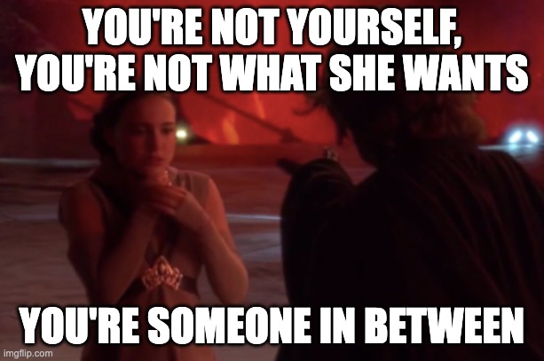 This is a mix of the movie The Prom & Star Wars | YOU'RE NOT YOURSELF, YOU'RE NOT WHAT SHE WANTS; YOU'RE SOMEONE IN BETWEEN | image tagged in funny memes | made w/ Imgflip meme maker