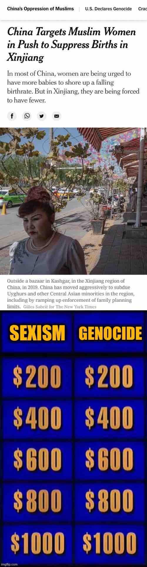 Fascist Chinese government leads in both categories | image tagged in racism,sexism,genocide,china,muslims,sexist | made w/ Imgflip meme maker