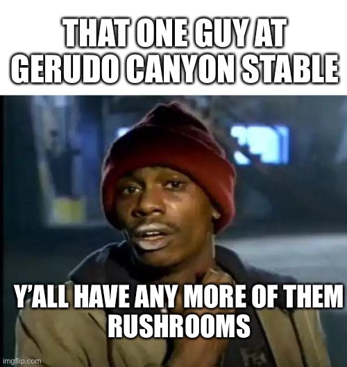 What is up with that guy | THAT ONE GUY AT GERUDO CANYON STABLE; Y’ALL HAVE ANY MORE OF THEM
RUSHROOMS | image tagged in memes,y'all got any more of that,botw,zelda | made w/ Imgflip meme maker