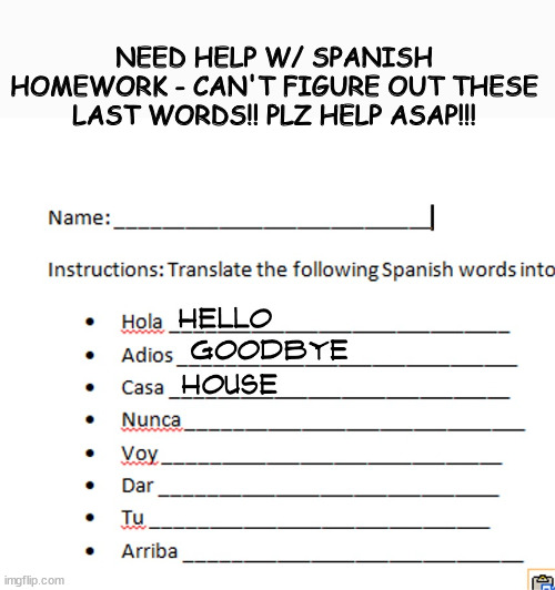 Need help with homework | NEED HELP W/ SPANISH HOMEWORK - CAN'T FIGURE OUT THESE LAST WORDS!! PLZ HELP ASAP!!! | image tagged in homework | made w/ Imgflip meme maker