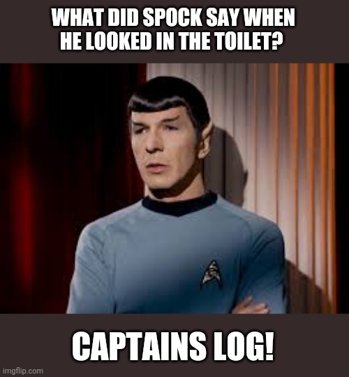 DAD JOKE! | WHAT DID SPOCK SAY WHEN HE LOOKED IN THE TOILET? CAPTAINS LOG! | image tagged in star trek,dad joke,spock,jokes,funny,funny memes | made w/ Imgflip meme maker