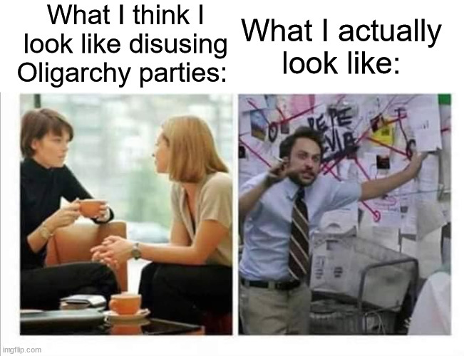 What I think I look like disusing Oligarchy parties:; What I actually look like: | image tagged in oligarchy,republican party,libertarian party,democrat party | made w/ Imgflip meme maker