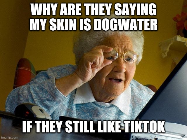 Grandma Finds The Internet Meme | WHY ARE THEY SAYING MY SKIN IS DOGWATER; IF THEY STILL LIKE TIKTOK | image tagged in memes,grandma finds the internet | made w/ Imgflip meme maker