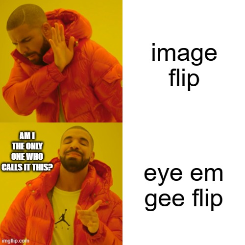 Drake Hotline Bling | image flip; AM I THE ONLY ONE WHO CALLS IT THIS? eye em gee flip | image tagged in memes,drake hotline bling | made w/ Imgflip meme maker