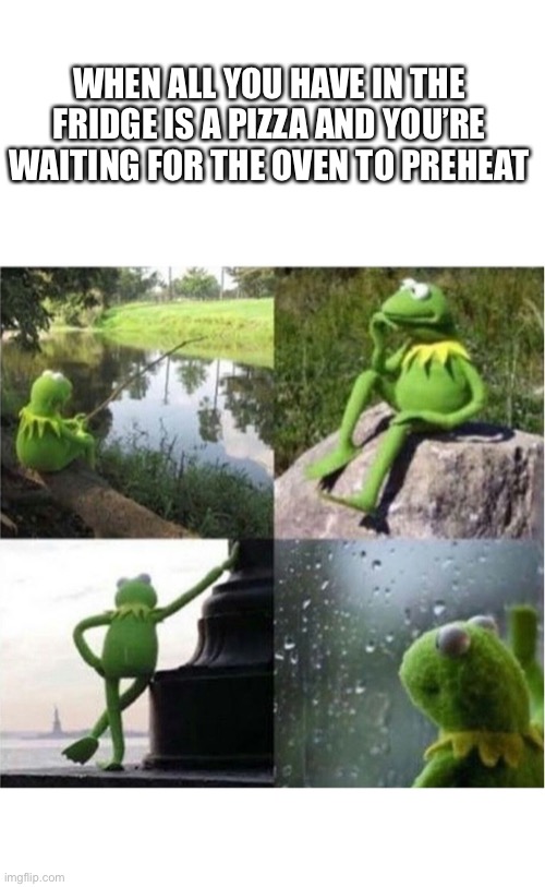 blank kermit waiting | WHEN ALL YOU HAVE IN THE FRIDGE IS A PIZZA AND YOU’RE WAITING FOR THE OVEN TO PREHEAT | image tagged in blank kermit waiting | made w/ Imgflip meme maker