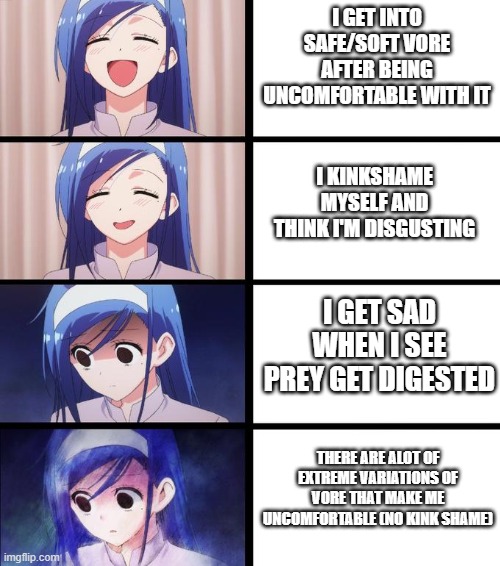 Distressed Fumino | I GET INTO SAFE/SOFT VORE AFTER BEING UNCOMFORTABLE WITH IT; I KINKSHAME MYSELF AND THINK I'M DISGUSTING; I GET SAD WHEN I SEE PREY GET DIGESTED; THERE ARE ALOT OF EXTREME VARIATIONS OF VORE THAT MAKE ME UNCOMFORTABLE (NO KINK SHAME) | image tagged in distressed fumino | made w/ Imgflip meme maker