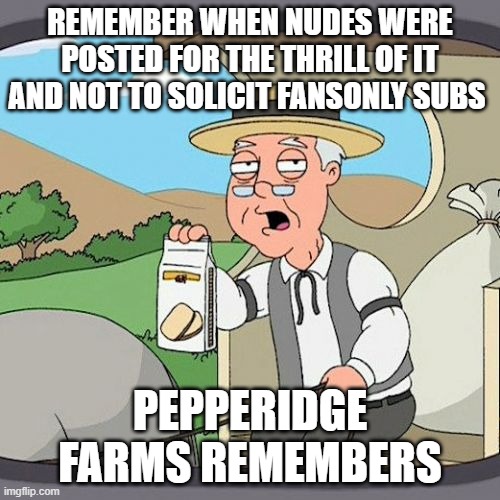 Pepperidge Farm Remembers Meme | REMEMBER WHEN NUDES WERE POSTED FOR THE THRILL OF IT AND NOT TO SOLICIT FANSONLY SUBS; PEPPERIDGE FARMS REMEMBERS | image tagged in memes,pepperidge farm remembers | made w/ Imgflip meme maker