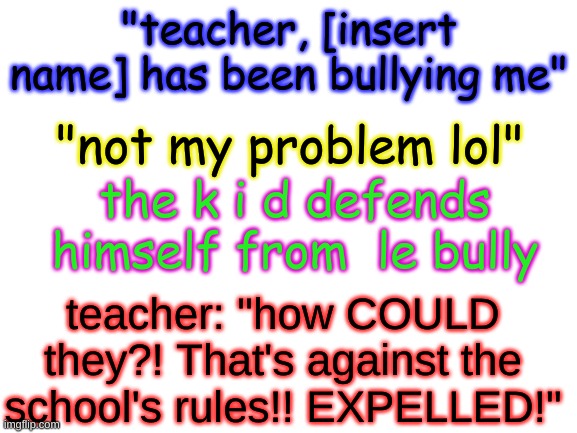 Nothing happened before! Obviously! | "teacher, [insert name] has been bullying me"; "not my problem lol"; the k i d defends himself from  le bully; teacher: "how COULD they?! That's against the school's rules!! EXPELLED!" | image tagged in blank white template | made w/ Imgflip meme maker