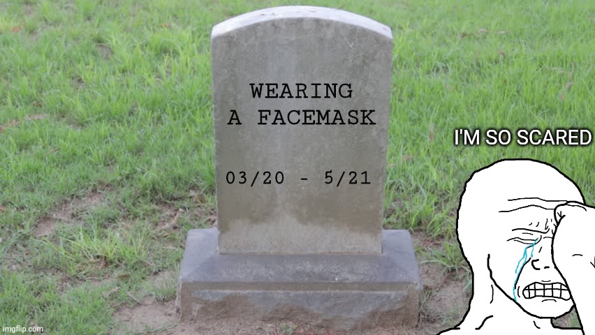 Will the left ever feel safe again? | WEARING A FACEMASK; I'M SO SCARED; 03/20 - 5/21 | image tagged in blank tombstone 001,face mask,wojak,scared | made w/ Imgflip meme maker