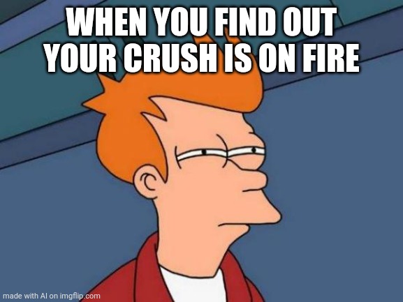 Futurama Fry Meme | WHEN YOU FIND OUT YOUR CRUSH IS ON FIRE | image tagged in memes,futurama fry | made w/ Imgflip meme maker