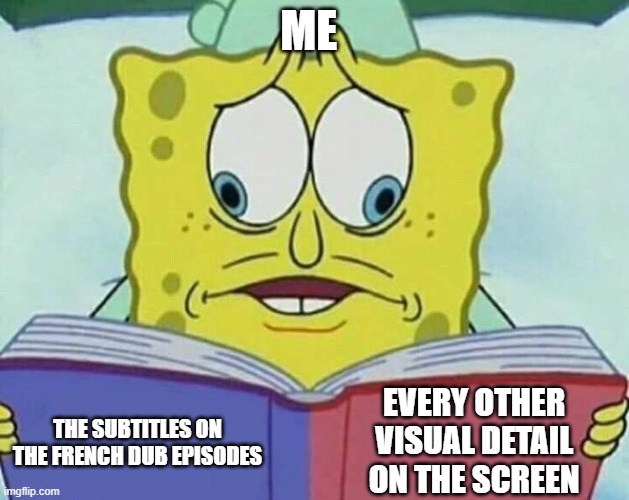 cross eyed spongebob | ME; EVERY OTHER VISUAL DETAIL ON THE SCREEN; THE SUBTITLES ON THE FRENCH DUB EPISODES | image tagged in cross eyed spongebob | made w/ Imgflip meme maker