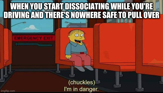 Seriously, brain, you need to work on your timing... | WHEN YOU START DISSOCIATING WHILE YOU'RE DRIVING AND THERE'S NOWHERE SAFE TO PULL OVER | image tagged in im in danger,dissociation,mental illness | made w/ Imgflip meme maker
