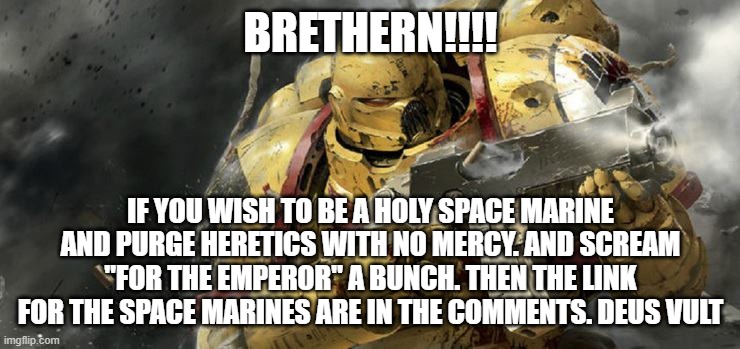 join to purge heretics to unrelenting force! | BRETHERN!!!! IF YOU WISH TO BE A HOLY SPACE MARINE AND PURGE HERETICS WITH NO MERCY. AND SCREAM "FOR THE EMPEROR" A BUNCH. THEN THE LINK FOR THE SPACE MARINES ARE IN THE COMMENTS. DEUS VULT | image tagged in space marine in war,warhammer40k | made w/ Imgflip meme maker