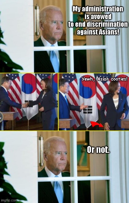 Kamala wipes hand on trousers after shaking hands with South Korean President Moon Jae-in | My administration is avowed to end discrimination against Asians! Yewh, Asian cooties! Or not. | image tagged in harris wipes hand,joe biden worries,kamala harris,sk president moon jae in,insult,satire | made w/ Imgflip meme maker