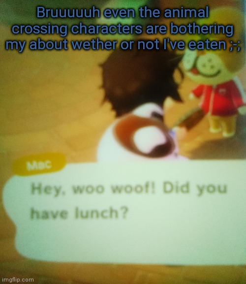 Bruuuuuh even the animal crossing characters are bothering my about wether or not I've eaten ;-; | made w/ Imgflip meme maker