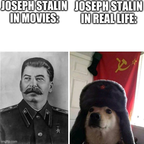 Joseph Stalin in a nutshell | JOSEPH STALIN IN MOVIES:; JOSEPH STALIN IN REAL LIFE: | image tagged in memes,communist dog | made w/ Imgflip meme maker
